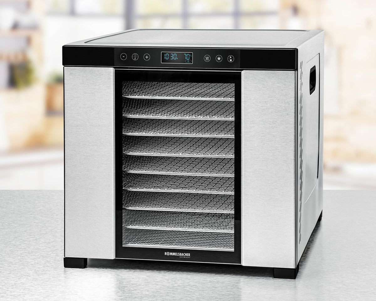 ROMMELSBACHER Dörrautomat DA 1000, XXL-Dörrfläche 1,6 m², inkl. 10 Edelstahl-Dörrtabletts, 2 Dörrgitter, 2 Dörrmatten, LED-Display, 24 Std. Zeitschaltuhr, Temperatur einstellbar (35 °C – 75 °C)