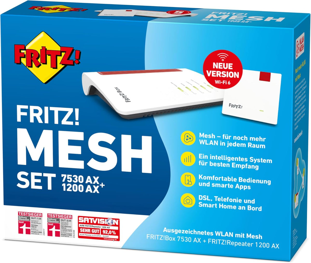 FRITZ!Mesh Set – 7530 AX Wi-Fi 6 Router + 1200 AX Repeater, bis 2.400 MBit/s