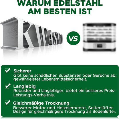 Kwasyo Dörrautomat Edelstahl, Dörrgerät 12 Etagen Ganz in Schwarz, 30-90℃ Temperaturregelung, 24 Stunden Timer, Rezeptheft für Fleisch Obst Gemüse Kräuter, 1000W, LT-09
