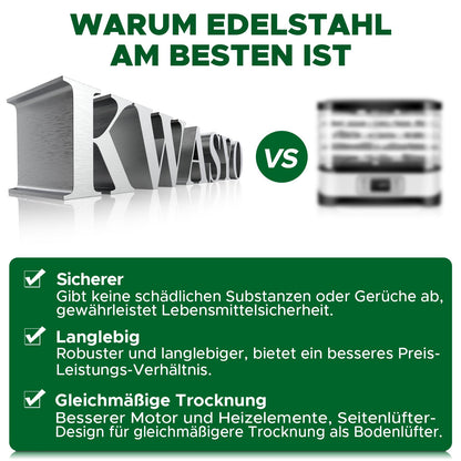 Kwasyo Dörrautomat Edelstahl Trockenkapazität 3,8 kg Rindfleisch, 0,67 m² Trockenfläche, 8 Edelstahl-Dörrtabletts (28x30 cm), 35-85°C Dörrgerät für Hundeleckerlis, Kräuter, Fleisch, Obst, Joghurt