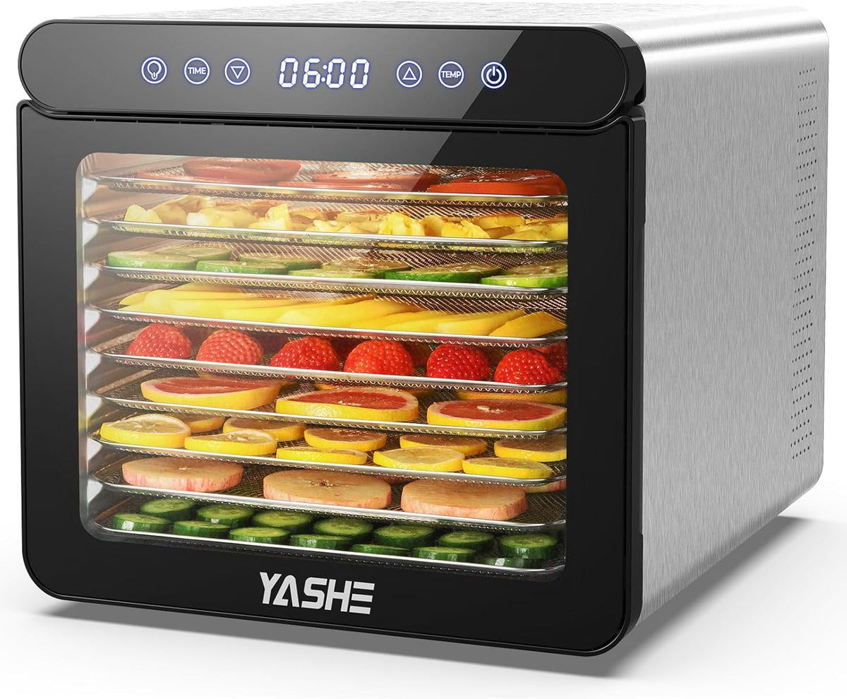 YASHE Stainless Steel Dehydrator with Digital Control (Temperature up to 75°C, Timer up to 48 Hours), 9 Trays Dehydrator for Fruit and Vegetables, Rear Fan for 360° Air Circulation, 800 W