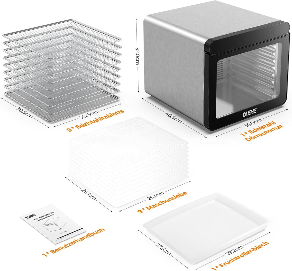 YASHE Stainless Steel Dehydrator with Digital Control (Temperature up to 75°C, Timer up to 48 Hours), 9 Trays Dehydrator for Fruit and Vegetables, Rear Fan for 360° Air Circulation, 800 W