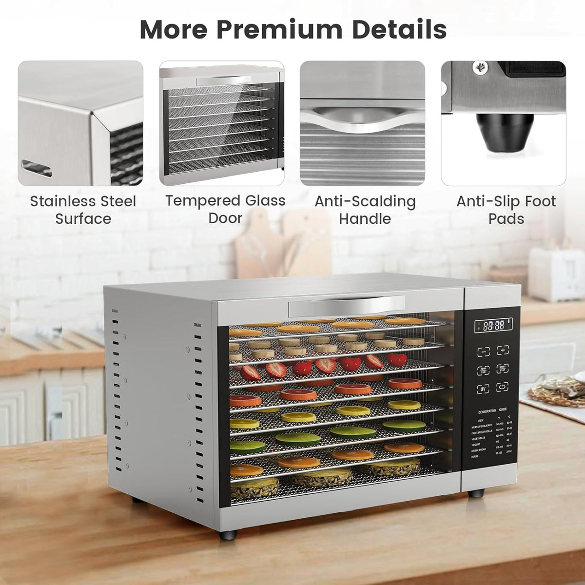 RELAX4LIFE Dörrautomat Edelstahl, Dörrgerät Temperatur einstellbar 30-70℃, Food Dehydrator inkl. 8 Edelstahl-Dörrtabletts, Touch-Display, 24 Std, für Lebensmittel Fleisch Früchte Gemüse