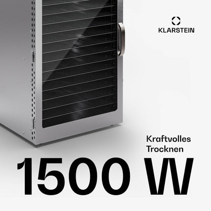 Klarstein Dörrgerät, Dörrautomat für Gemüse, Obst, Pilze & Fleisch, 1500W Edelstahl-Dörrautomat, Trockenautomat mit 16 Metallgitter, Dörrgerät mit 24H Timer & Touch-Display, Food Dehydrator
