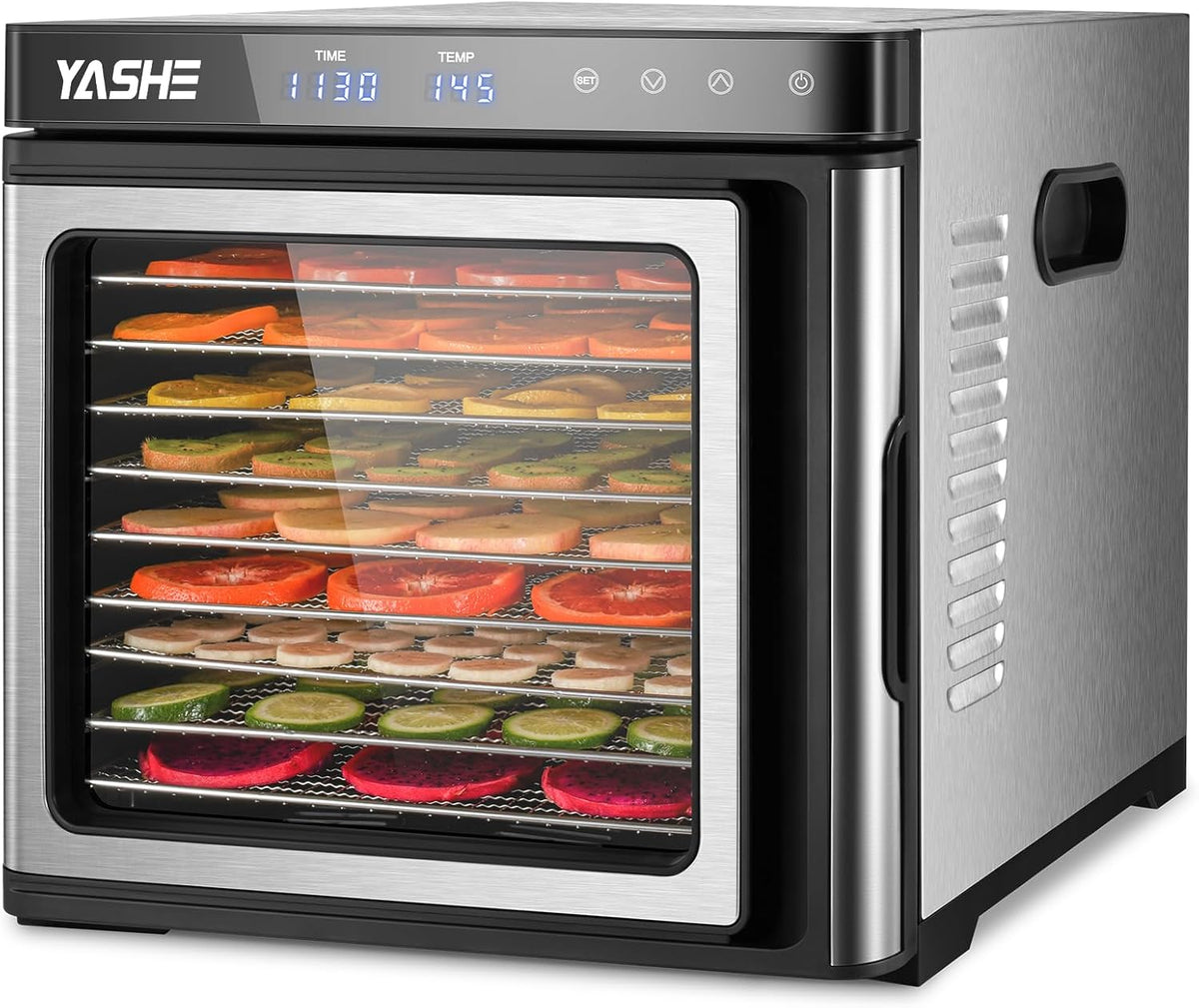 Edelstahl Dörrautomat, 1000W Dörrgerät für Obst und Gemüse mit LED-Anzeige, präziser Temperaturregelung (35-75°C), 48-Stunden-Timer, 9 Edelstahlschalen, 2 Maschensiebe, 1 Schale für Obstrollen