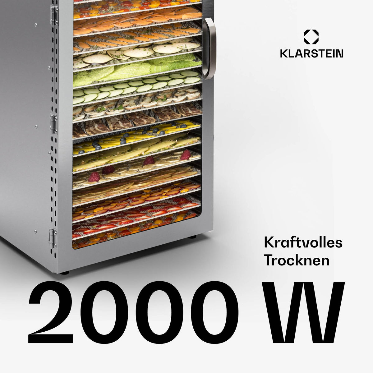 Klarstein Dörrgerät, Dörrautomat für Gemüse, Obst, Pilze & Fleisch, 1500W Edelstahl-Dörrautomat, Trockenautomat mit 16 Metallgitter, Dörrgerät mit 24H Timer & Touch-Display, Food Dehydrator