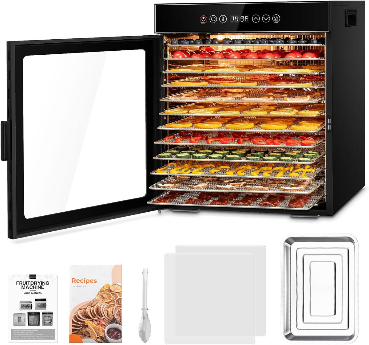 Kwasyo Dörrautomat Edelstahl, Dörrgerät 12 Etagen Ganz in Schwarz, 30-90℃ Temperaturregelung, 24 Stunden Timer, Rezeptheft für Fleisch Obst Gemüse Kräuter, 1000W, LT-09