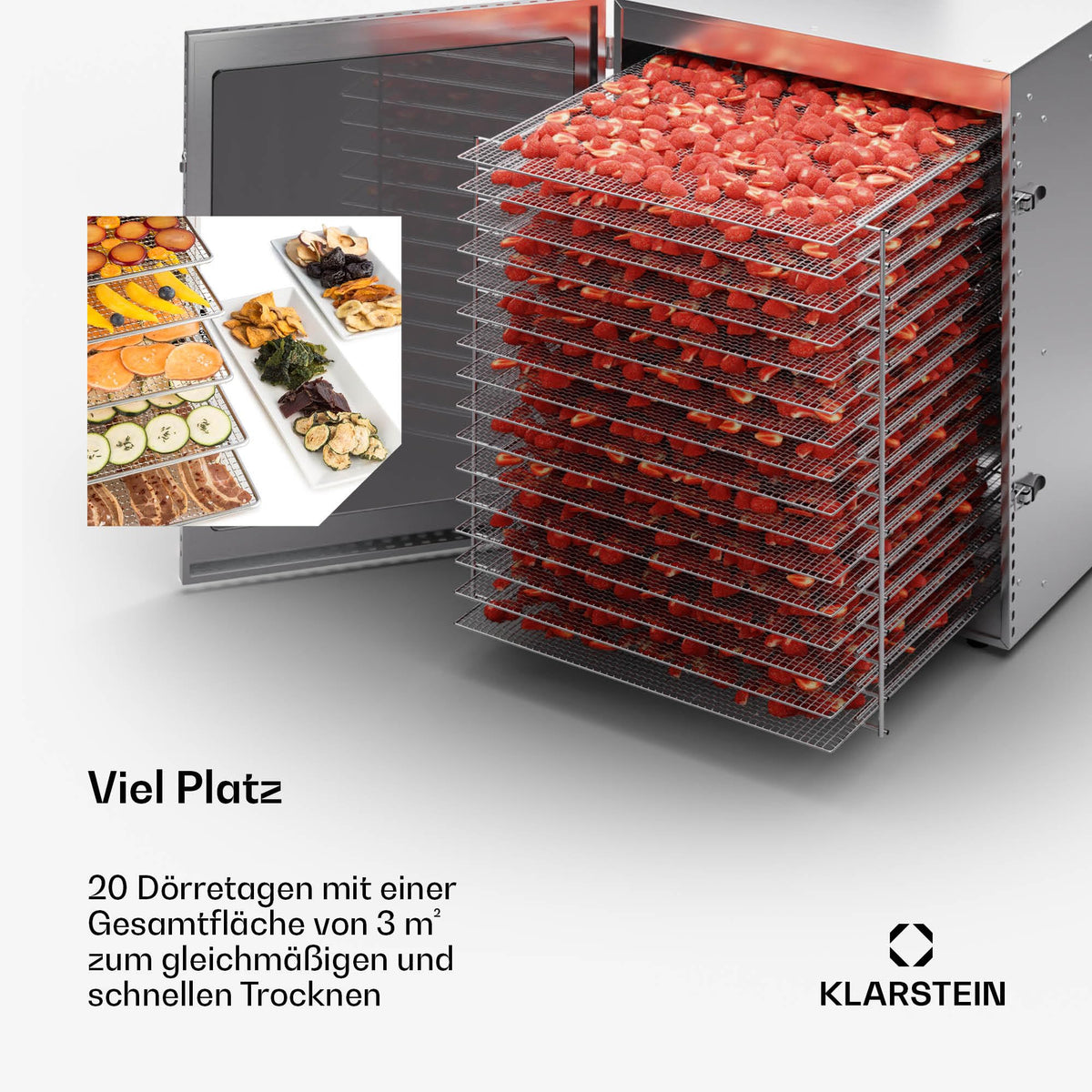 Klarstein Dörrgerät, Dörrautomat für Gemüse, Obst, Pilze & Fleisch, 1500W Edelstahl-Dörrautomat, Trockenautomat mit 16 Metallgitter, Dörrgerät mit 24H Timer & Touch-Display, Food Dehydrator